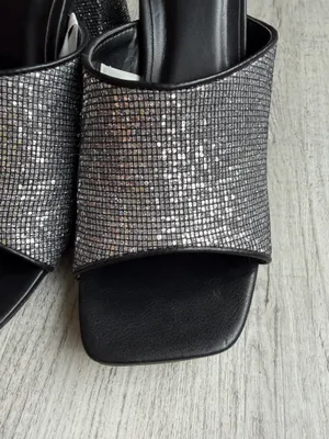 A New Day Black Rhinestone Block Heel Slide Sandals Sparkly Mule thumbnail 2