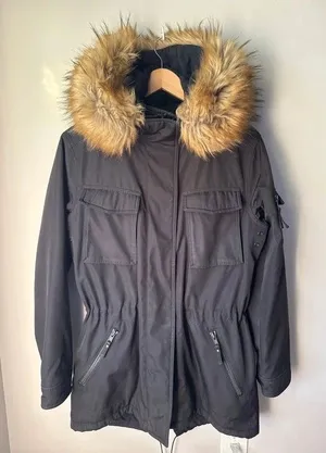 S13 New York Anorak Jacket Black Faux Fur Hood Large thumbnail 1
