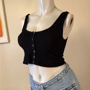 Free People Intimately Revolve Hailey's Henley Tank Top Black Snaps M/L thumbnail 3