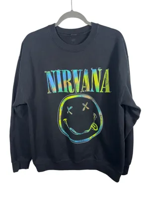Nirvana‎ Smiley Face Graphic Crewneck Sweatshirt Black Tie Dye Logo Size Large thumbnail 2