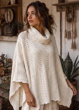VINTAGE ETC. Crochet Cowl Neck Poncho thumbnail 1