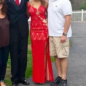 jovani red and nude lace fitted prom dress thumbnail 3