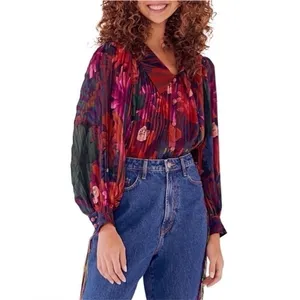 NEW Farm Rio Women’s Bird Flowers Pleated Shirt Multicolor thumbnail 3