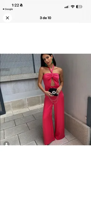 Zara Satin Halter Wide-Leg Jumpsuit in Hot Pink thumbnail 4