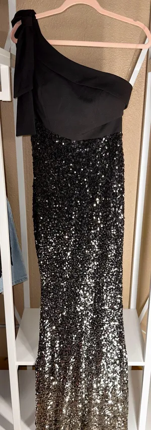 Boutique One shoulder bow tie black formal sequin prom dress thumbnail 1