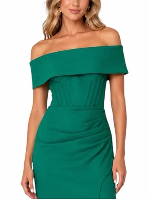 Betsy & Adam Gown Size 8 Emerald Green Corset Cowl Neck Ruched Formal Maxi Dress thumbnail 9