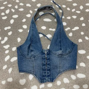 Edikted denim corset top cropped Katrina Lace Up halter scoop vneck thumbnail 2