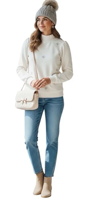 LOFT Ivory Snowflake Embroidered Mock Neck Sweatshirt Winter Cozy Small in GUC thumbnail 1