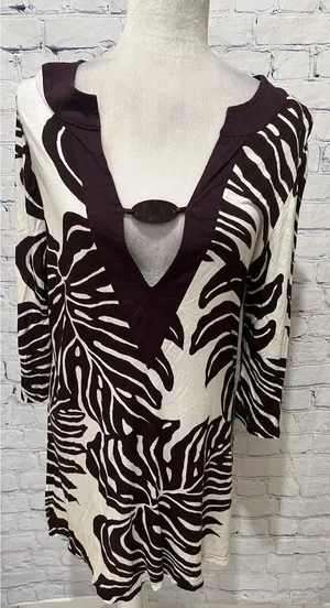 CZ Cover Ups Women's 3/4 Sleeve Leaf Print Tunic Brown & Cream swim cover Small thumbnail 1