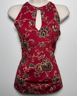 American Vintage VTG 90s Babydoll Whimsigoth Top XL Cherry Red Sequins Jacquard Asian Print Halte thumbnail 1