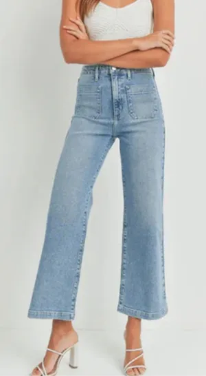 Just Black Light Blue High-Rise Wide-Leg Crop Jeans with Front Patch Pockets thumbnail 1