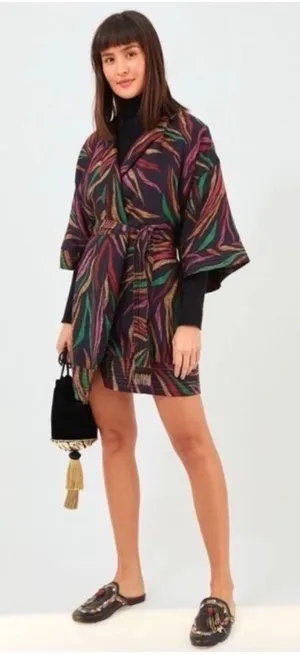 Farm Rio Shinny Zebra Mini Belted Wrap Dress Multi Color Size‎ Large thumbnail 1