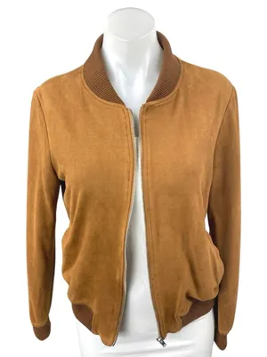 Ellison Women's Brown Faux Suede Full Zip Long Sleeve Bomber Coat Jacket Size S thumbnail 1