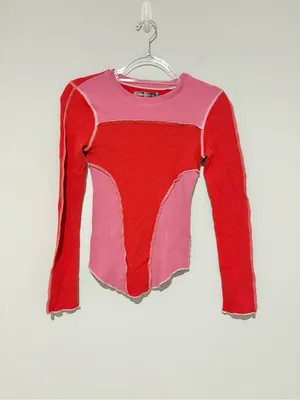 Urban Outfitters Emme Thermal‎ Seamed Blouse Top Knit Long Sleeve pink red Small thumbnail 2