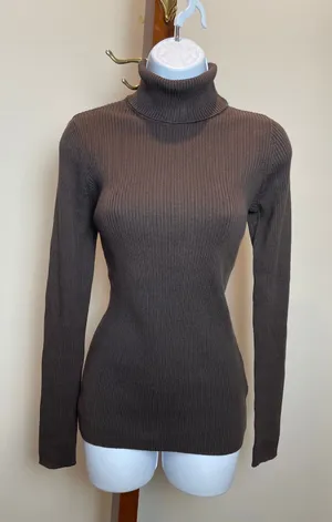 Basic Editions Top Size S Brown Cotton Ribbed Turtleneck Stretch Knit NWT thumbnail 1
