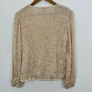 Boston Proper Sequin Wrap Blouse Long Sleeve Metallic Gold‎ Beige New Years Eve thumbnail 10