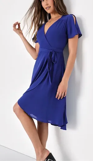 LULUS Elegant Royal Blue Wrap Midi Dress with Tie Waist thumbnail 1