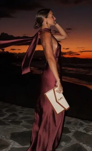 Zara maxi halter scarf satin Elegant Burgundy Brown Evening Wedding Dress thumbnail 1