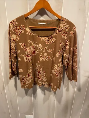 Source Unknown Cute Y2K sandalwood roses lace trim mesh stretchy top 3/4 sleeve thumbnail 2