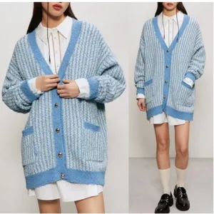 ZARA Blue Chunky Oversized Tweed Striped Button Cardigan Sweater Size S thumbnail 3