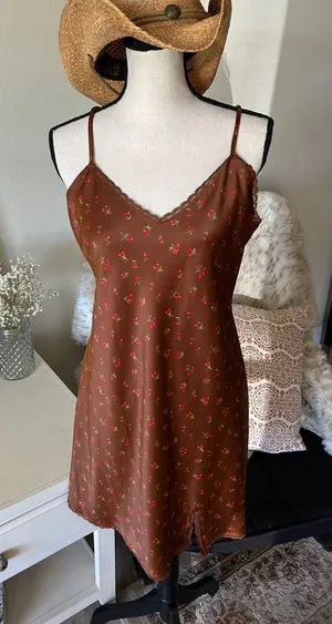 Wild fable, Brown, cherry print lace trim, slip mini dress large thumbnail 1