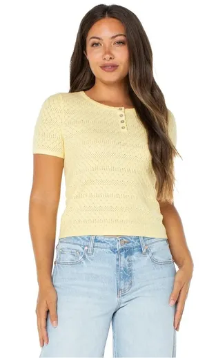 💛Celebrity Pink Yellow Crochet Short Sleeve Henley Top thumbnail 1
