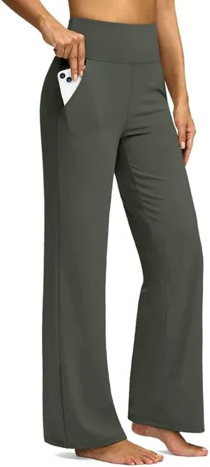 NWT ~ Olive Green Wide Flare Leg Yoga Pants & Pockets Activewear Leggings ~ XS thumbnail 2