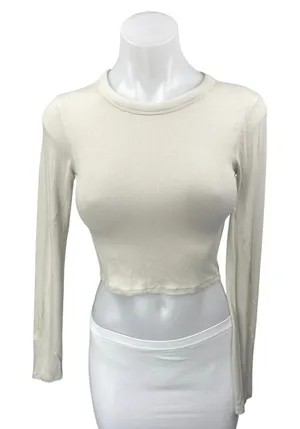 Lululemon Women's White Rib Knit Long Sleeve Crew Neck Crop Shirt Sweater Top 2 thumbnail 1
