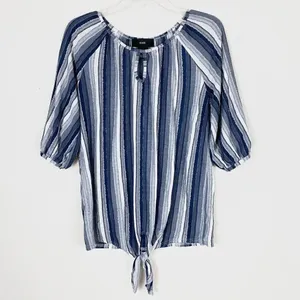 Rain Chambray Blue Striped Knot Hem Half Sleeve Blouse Blue Size M thumbnail 4