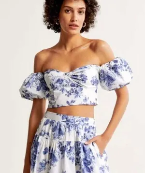 Abercrombie Poplin Off the Shoulder Blue Floral Puff Sleeve Top NWT Size S thumbnail 1