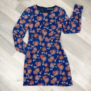 Zara Trafaluc Sheath Dress Floral Long Sleeve‎ Blue Size XS thumbnail 14