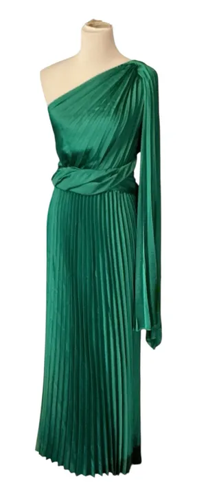 Emerald Green Accordion Pleat One-Shoulder Evening Gown | Dramatic Cape Sleeve Grecian Maxi Dress thumbnail 1