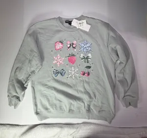 Light Mint Crewneck Sweater with Embellished Fruit & Snowflake Motifs thumbnail 1
