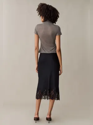 NWT Few Moda Evren Silk Skirt Size Medium M Lace trim midi Black o.p.t theory thumbnail 3