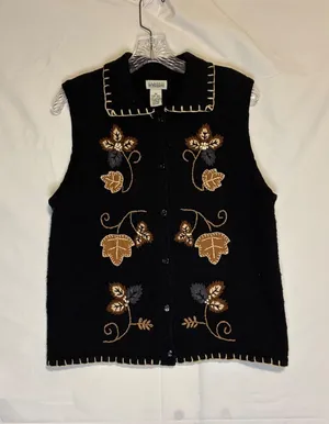 Vintage 90s Classic Elements Embroidered Fall Leaves Sweater Vest Black Knit M thumbnail 1