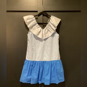 ENGLISH FACTORY colorblock Ruffled sleeveless blue Shift mini Dress size M thumbnail 3