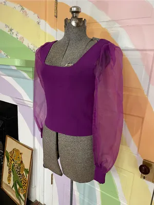 House of Harlow 1960 Sheer Puff Sleeve Chiffon Square Neck Crop Top Sz XS 💚🎀 thumbnail 2