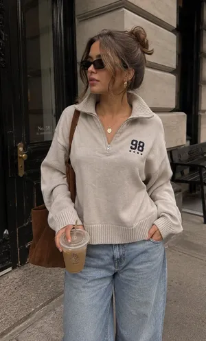Hollister Cream Half-Zip Turtleneck Sweater with '98' Patch thumbnail 1