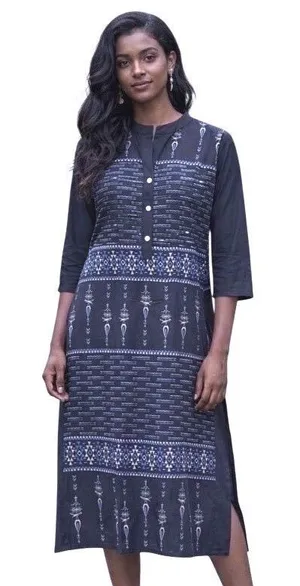 Kurta Tunic Dress Size Large Black Crepe Geometric Foil Print Straight thumbnail 1