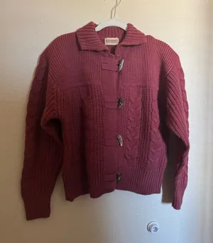 Vintage Chunky Cable-Knit Wool Toggle Sweater Jacket Brick Red NEW Cabincore thumbnail 1