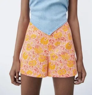 Zara Women's Medium Printed Bright Linen Blend Shorts Orange Pink Floral Pattern thumbnail 1