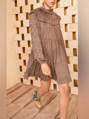 Ulla Johnson Elsa Mini Dress Mica Taupe Ruffled Tiered Satin Size Medium Large thumbnail 11