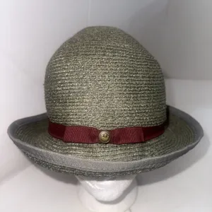 Goorin Bros Paper Woven Straw Fedora Hat Olive Green Burgundy Band Adult Small thumbnail 8