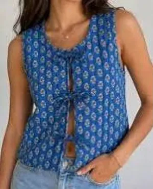 Japna Vest Quilted Floral Tie Front 100% Cotton Women's M Blue Cottagecore Boho thumbnail 1
