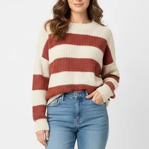 Favlux Fashion Cream Rust Striped Crew Neck Sweater Size L Acrylic Chunky Knit thumbnail 6