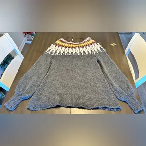 Free People Gray Fair Isle Wool Blend Boat Neck Bishop Sleeve Sweater Sz Small thumbnail 8