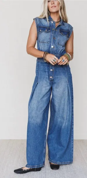 Wide-Leg Denim Jumpsuit Jeans - Blue thumbnail 1