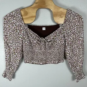 Aritzia Sunday Best Brown Pink Floral Crop Top Womens Large Long‎ Sleeve Boho thumbnail 1