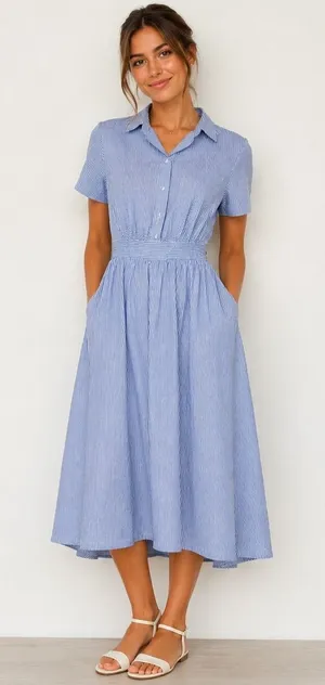 Avec‎ Les Filles Blue White Striped Cutout Back Midi Dress Size 6 Coastal thumbnail 1