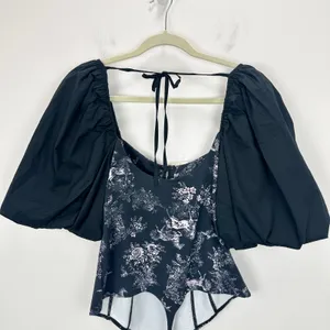Free People Prarie Rose Puff Sleeve Bodysuit Black Coquette Romantic Large NWT thumbnail 10